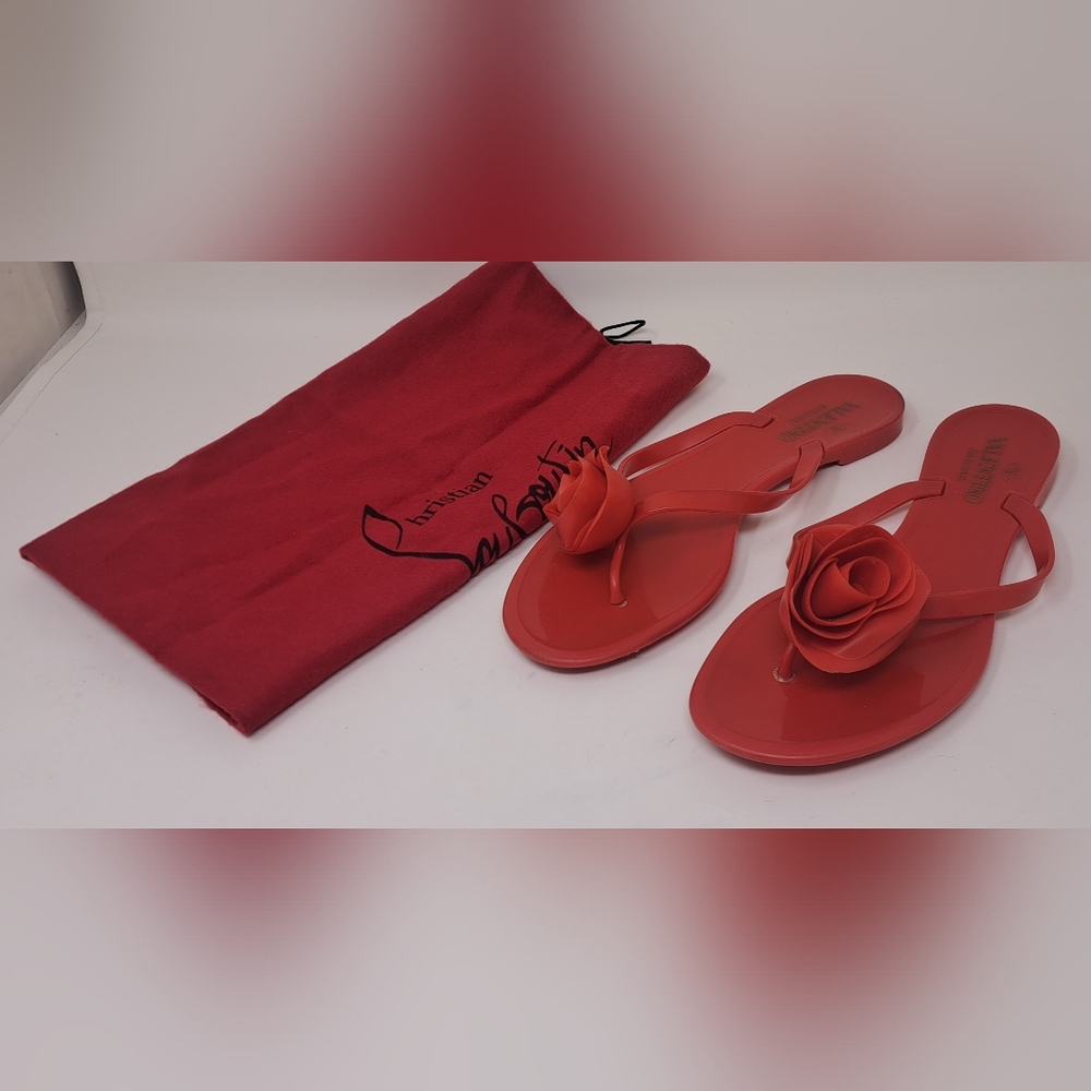 Valentino Garavani Women's Red Rose Jelly Flat Thong Sandals Italy 8 US / 38 EU